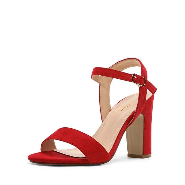 Open Toe Ankle Strap Chunky Heel Sandals - RED SUEDE -  0